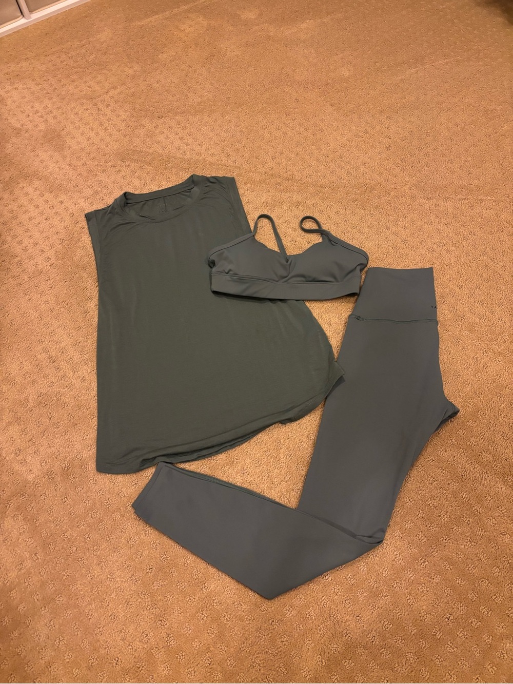 NWOT TAVI 3 Piece Sage Green Workout Set Small Leggings Sports Bra Tank